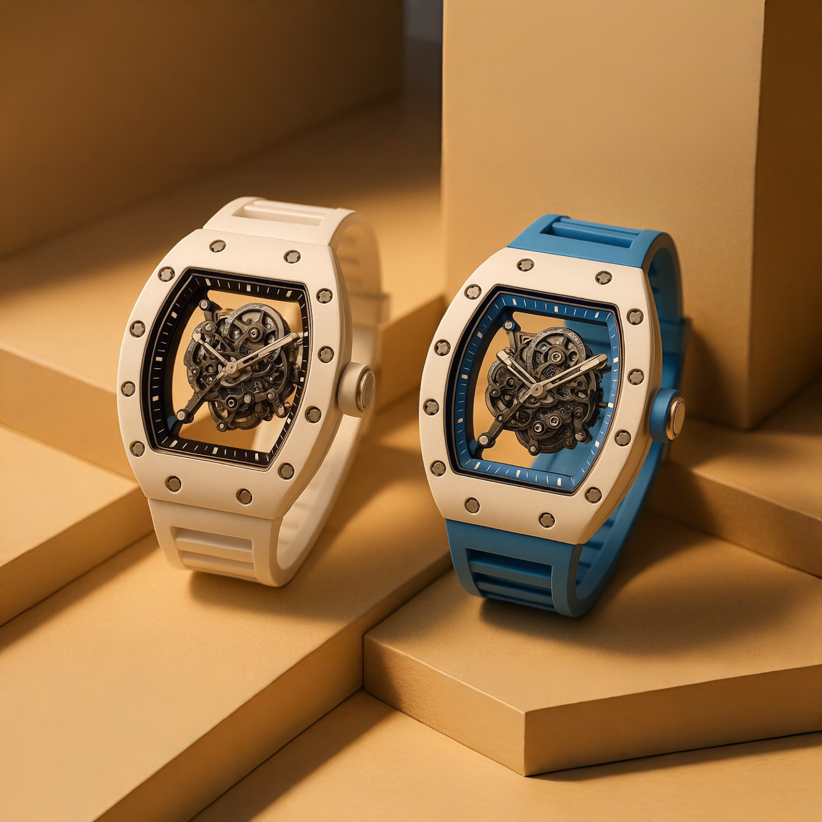 Two watches, one white and one blue, on a beige surface with a neutral background